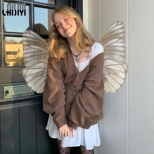 Autumn Casual Sweater Brown Y2K Oversized Cardigan Long Sleeve Button Up Knitted Sweaters Women Preppy Style Solid Jumpers Top