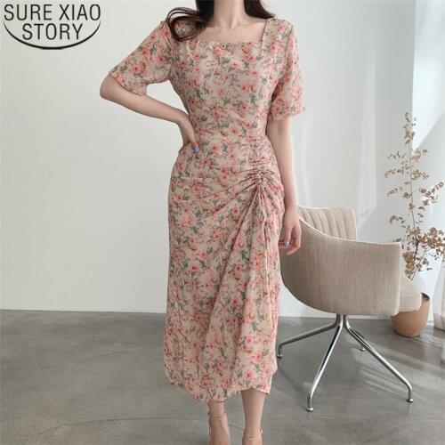 Summer Plus Size All Match Pleated Waist Thin Dresses Korean Chic Elegant Square Collar Floral Print Dress Women Vestidos 14536