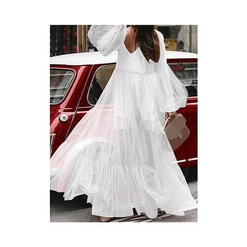 2021 summer new style V-neck puff sleeve mesh see-through dress long Office Party Rockabilly Dresses