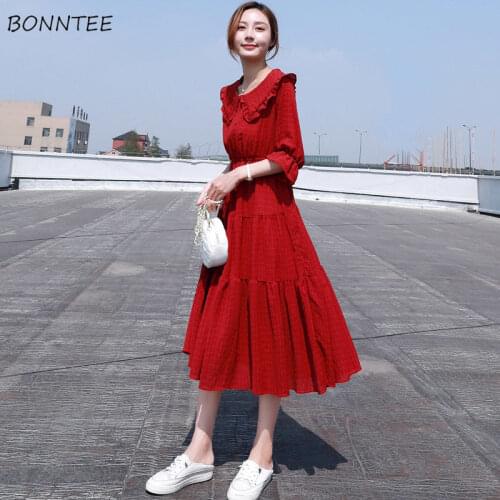 Dress Women Chiffon Simple Colorful Peter Pan Collar 2021 Casual Elegant All-match Female Aesthetic Over-fashioned Korean Style