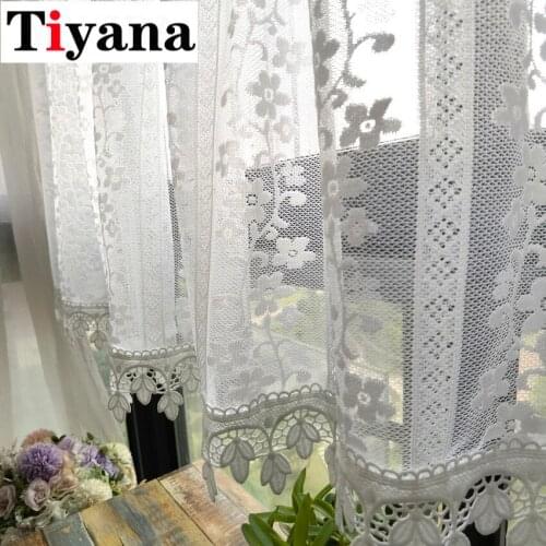 1 PCS Rod Pocket Sheer White Flower Curtain Valance for Kitchen Bathroom Cabinet Cafe Embroidery Lace Bottom Drapes ZH053D