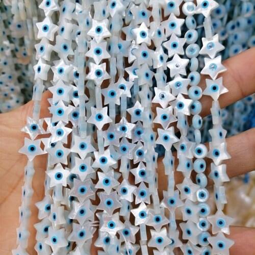 10Pcs 10mm White Natural Pearl Shell Loose Beads Blue Evil Eye Star Shape Shell Beads for DIY Necklace Bracelet Jewelry Making