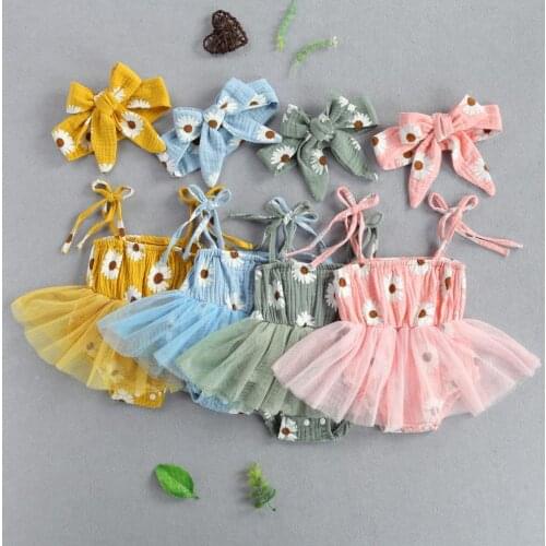 2021 New Baby Girl’s LaceUp Suspender Romper Fresh Daisy Printing Mesh Yarn Jumpsuits Headband Baby Bodysuits