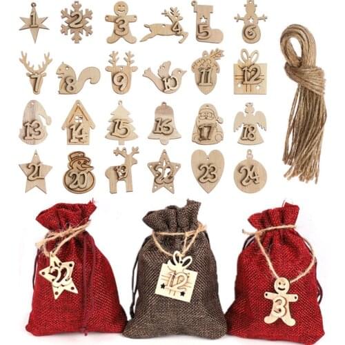 24pcs/set DIY Ornament Clips Xmas Wooden Pendant Number Label Countdown Hanging Tags Christmas Advent Calendar
