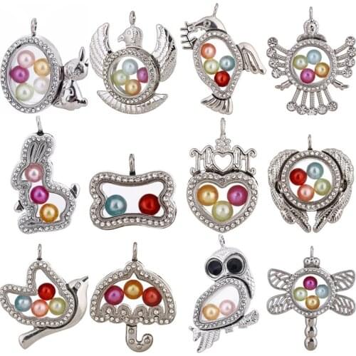 5pcs Magnetic Glass Locket Pendant Rhinestone Memory Floating Charms Photo Lockets Animals Owl Bird