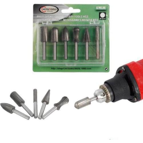 6pc 6mm Rotary Rasp Files 1/4" Burr Bit For Metal Plastic Wood Grinding Electric Grinder High Speed Steel Drill