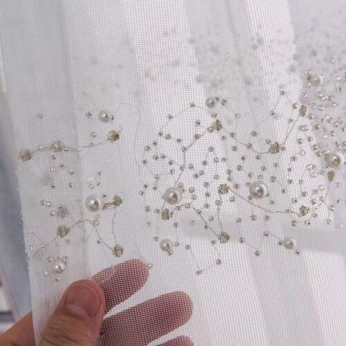 White Pearl Embroidered Tulle Curtain For Living Room White Grey Organza Fabric Luxury Beads Balcony Window Tenda zh452C