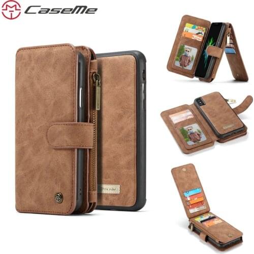 CaseMe Case For iPhone SE 5 5S Handmade PU Leather Large Capacity Detachable Zipper Wallet Cover For iPhone X 8 7 6 Plus Case