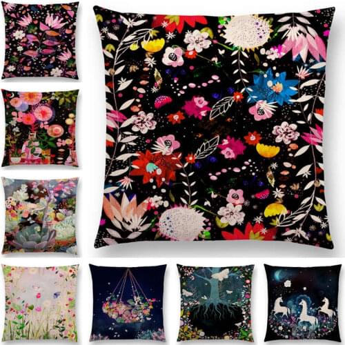 Hot Sale Aurora Horse Flower Leaf Tree Floral Garden Magical Dream Fantasy Night Fox Deer Unicorn Cushion Cover Sofa Pillow Case