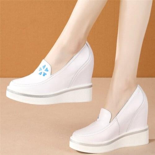 Fashion Sneakers Women Genuine Leather Wedges High Heel Ankle Boots Female Round Toe Chunky Platform Oxfords Shoes Casual Shoes