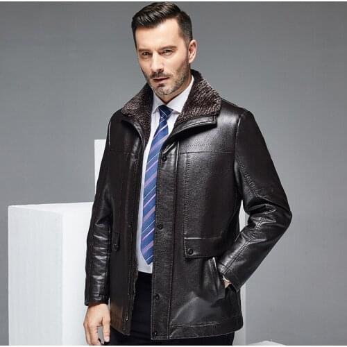 Fur integrated fur mens leather coat fathers clothing middle-aged old peoples plush and thickened fit Lapel winter