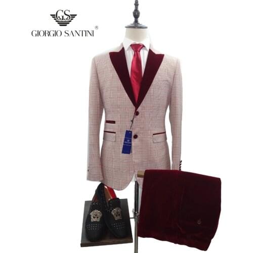 Men Suits 2 Pieces Slim Fit Business Suits Groom Champagne Noble Red plaid Tuxedos for Formal Wedding suit (Blazer+Pants)