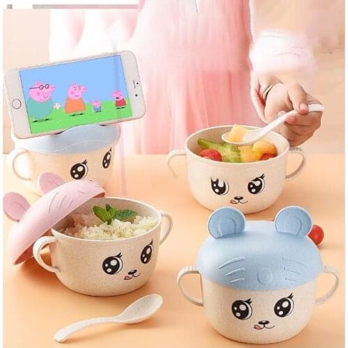 1set Baby Feeding Food Tableware Wheat Cartoon Kids Dishes Children Eating Dinnerware Set Anti-hot Plate Training Bowl+spoon