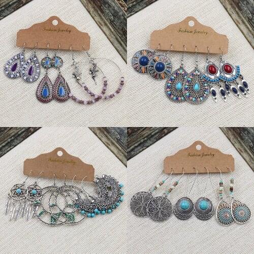 Fashion Big Geometric Water Drop Earring Set for Women Vintage Silver Color Metal Multicolor Stone Long Earring Jewelry New 2020