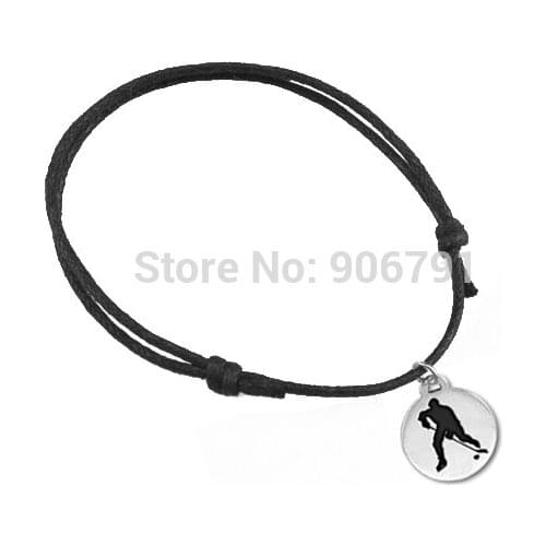 New arrival 50pcs a lot antique silver color alloy wax string disc ice hockey player charm bracelets