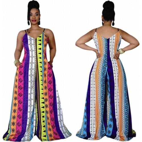 African Clothes Women Jumpsuit Spaghetti Strap Sleeveless Wide Leg Pants Rompers Fashion Color Striped African Jumpsuits Summer