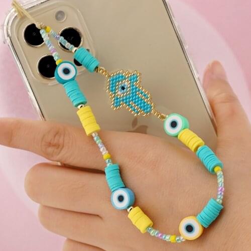 Cell Phone Chains Jewelry Hamsa Hand Evil Eye Charm For Mobile Phone Strap Clay Beads Telephone Chain Beaded Lanyard