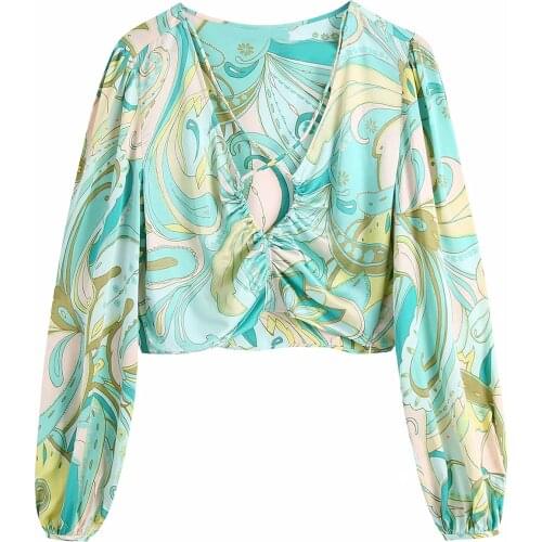 Za Sexy Deep V-neck Shirts Summer Women Crop Long Sleeve Tops Casual Elegant Lady Tops And High Waist Skirt