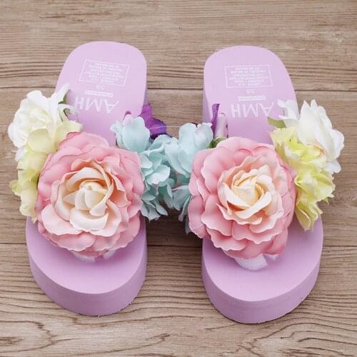 2019 New Handmade Flip Flops Slippers Beautiful Flower Garden Style Wedges Women Beach Sandals Shoes Cheap