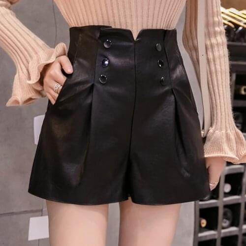 Double Breasted PU Leather Wide Leg Shorts Women Autumn Winter Solid Short Feminino Casual High Waist Ladies Biker Shorts Black