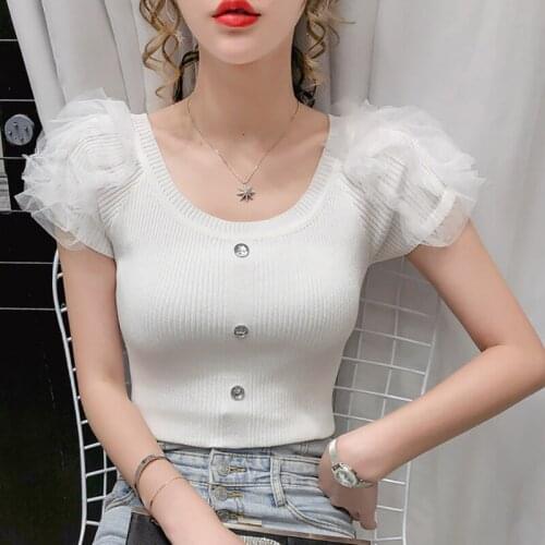 Slim Sexy T Shirt Women Summer Tops 2021 Thin Knitted T-Shirts Woman Mesh Patchwork Short Sleeve Buttons Tee Shirt Femme Clothes
