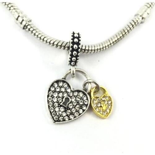 Heart Padlock Dangle with Gold- and Clear Crystal European Beads Fit Charms Bracelets&Bangles Necklace