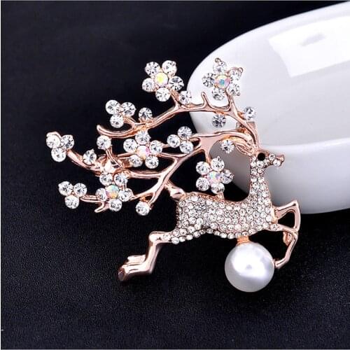 MOONROCY Rose Gold Color Crystal Brooch OL Deer Trendy Flower Cute Synthetic Pearl Jewelry for Women Gifts Gift Dropshipping