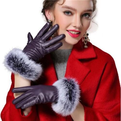 VISNXGI Faux Leather Gloves Woman Fashion Black Autumn Winter Rabbit Fur Thick Waterproof Ski Outdoor Windproof Accessories Hot