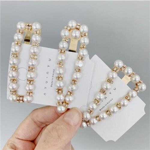 Women Pearl Crystal Geometric Triangle Rectangle Hairpins Hair Headwear Hair Clip Elegant Wedding Engagement Barrettes Jewelry