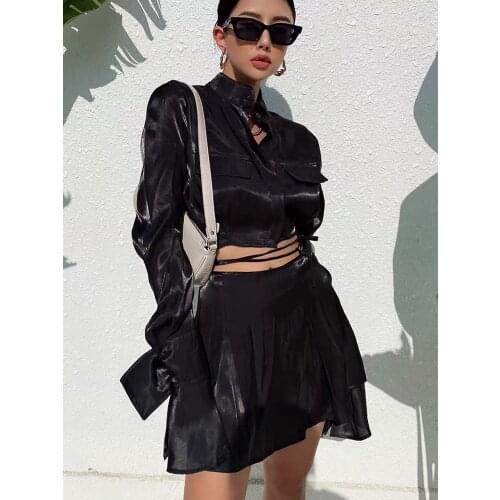 Streetwear Fashion 2 Piece Set Women Skirt And Top Flare Sleeve Blouses Women Casual High Waisted Mini Pleated Skirts Yk2