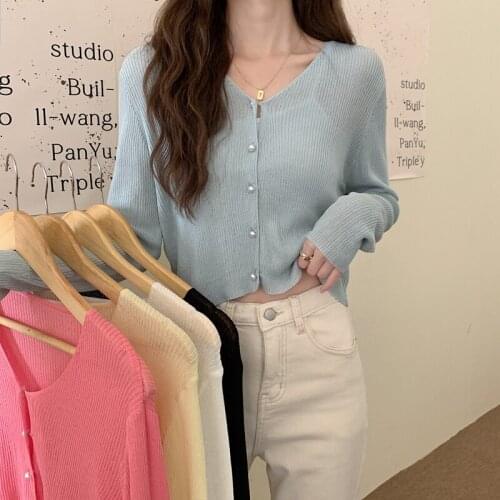 Womens Sexy See Through Knit Cardigan for 2021 Summer Fashion Long Sleeve Crop Tops Office Ladies Korean Sun Protection Clothing