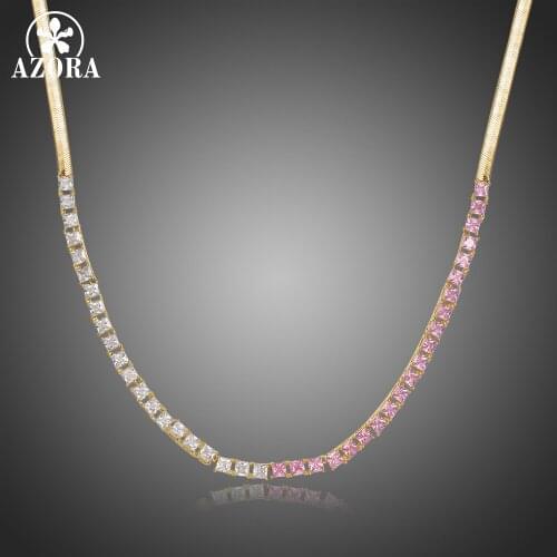 AZORA Delicate Design Pink & Clear Cubic Zirconia Long Pendant Necklace for Women Girl Wedding Party Fashion Jewelry Gift TN0297