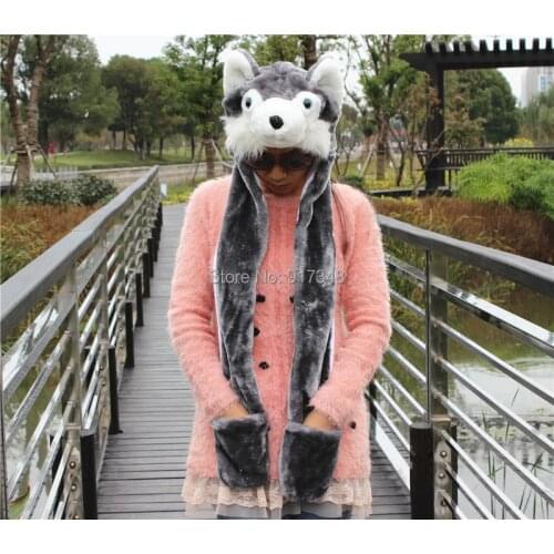 Winter Warm Hat Scarf Glove Grey Wolf Animal Cosplay Cap