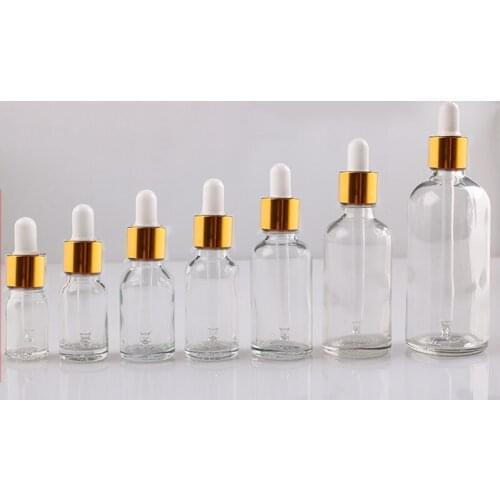 10pcs/lot 5ml to 50ml lab clear round glass Refined oil bottle with glass droppers golden circle for school experiment