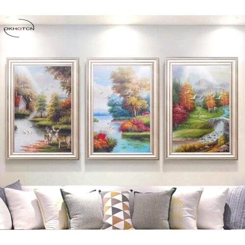 Unframed 3 Pieces/Set Forest Deer Birds Landscape Painting Wall Art Canvas Prints Pictures Posters Home Decor