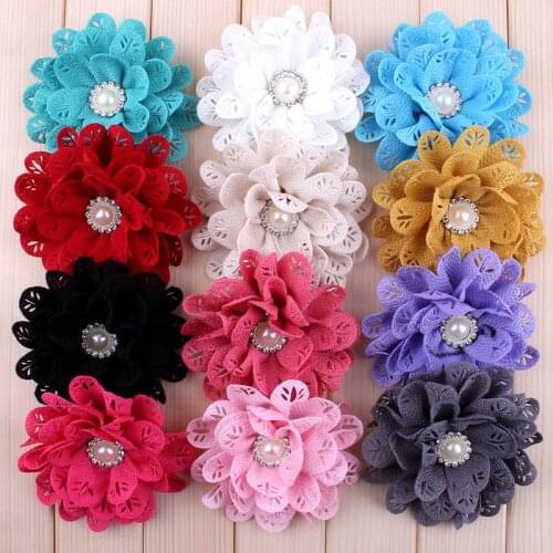 5pcs/lot 3.8" 12Colors Newborn Chic Fabric Flowers+Pearl Button For Children Artificial Flowers For Wedding Decoration