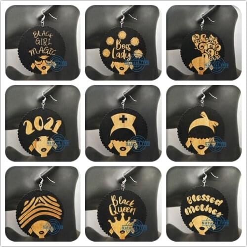 Free Shipping! Round Wooden Black Girl Earrings