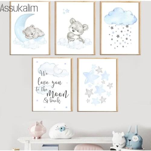 Boy Nursery Wall Art Canvas Painting Bear Poster Balloon Print Blue Stars Moon Clouds Pictures Baby Boys Bedroom Decoration