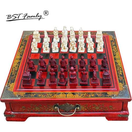 BSTFAMLY Wood Chess Set Terra Cotta Warriors International Chess 27*27*7cm Box Chessboard Chess Game Chessman I28