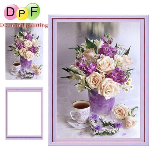 DPF with Frame Diamond painting Cross Stitch Purple rose full Round diamond Mosaic Diamond Embroidery Needlework home decor