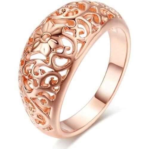 Womens Fashion Romantic Rose Gold Flower Rings Hollowed Round Engagement Finger Ring Wedding Bands Vintage Jewelry Size 6 - 10