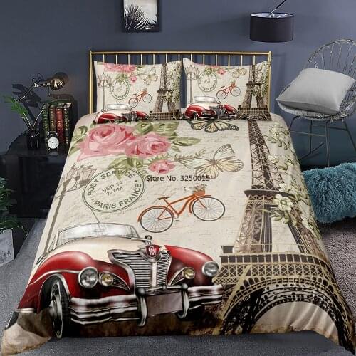 Retro Stamp Bedding Set Car Paris Tower Rose Butterfly Girl Home Comforter Cover Sets Wedding Bedspread Single Double Duvet Set