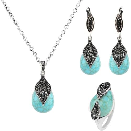 2021 Leaf Water Drop Faux Pendant Necklace Ring Earrings Women Jewelry Set Gifts Vintage Red Green Color Natural Stone Pendant