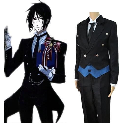 Black Butler Cosplay Anime Kuroshitsuji Sebastian Michaelis Cosplay Costume Uniforms Coat + Vest + Shirt + Pants + Tie + Gloves