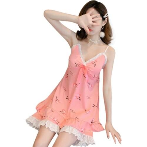 Summer New Lace Strap Pajamas Girls And Girls Sweet Sexy With Chest Pad Removable Two-piece Home Service V-neck 2020