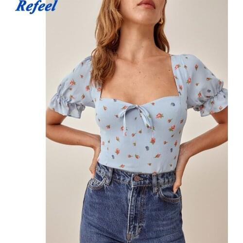 Fashion Slim Center Bow Blusas Vintage Tee France Floral Print Blue Flare Short Sleeve Blusa Feminina