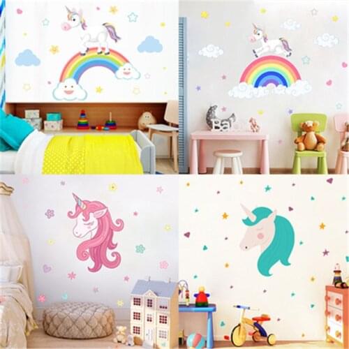 Cartoon Girl Unicorn Horse Shape Pattern Wall Sticker For Kids Room Home Decoration DIY Animal Mural Art PVC Decal