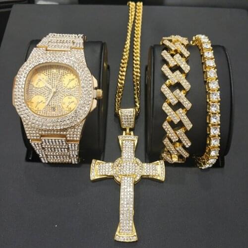 Watch Men Hip Hop Cross Jewelry Watch & Necklace & Bracelet Combo Set Ice Out Cuban Watch Pendant Necklace Set Hip Hop For Men