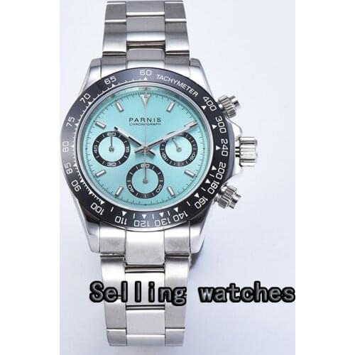 39mm PARNIS blue dial sapphire cermaic bezel full Chronograph quartz mens watch
