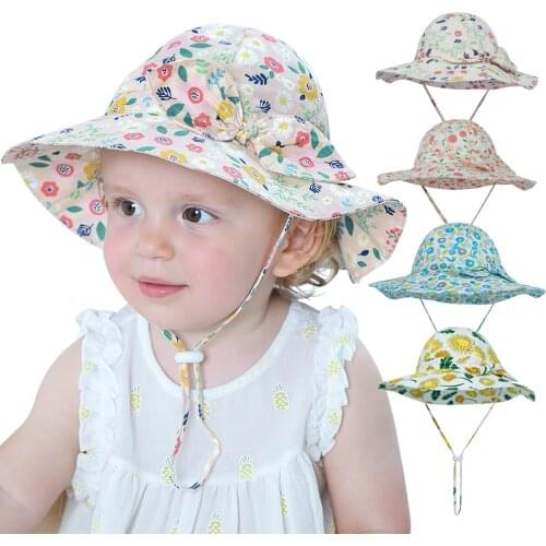 2021 New Baby Basin Hats Cute Bow Outdoor Toddler Kids Sunshade Hat Summer Print Flower Girls Sun Cap Panama Beach Cucket Caps